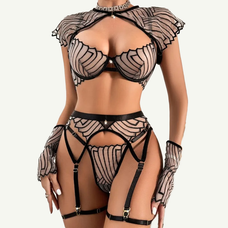 Women's Black Geometric Embroi - Garter Belt Set recension och pris